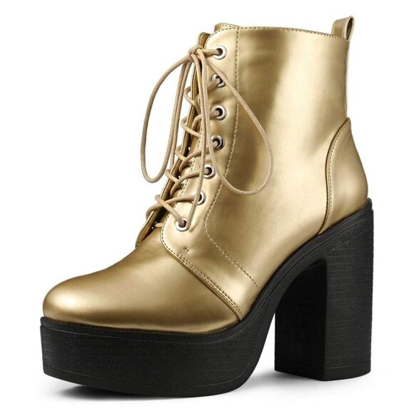 Allegra K Women's Platform Chunky High Heel Lace Up Gold Combat Boots - 10 M US - Picture 1 of 1